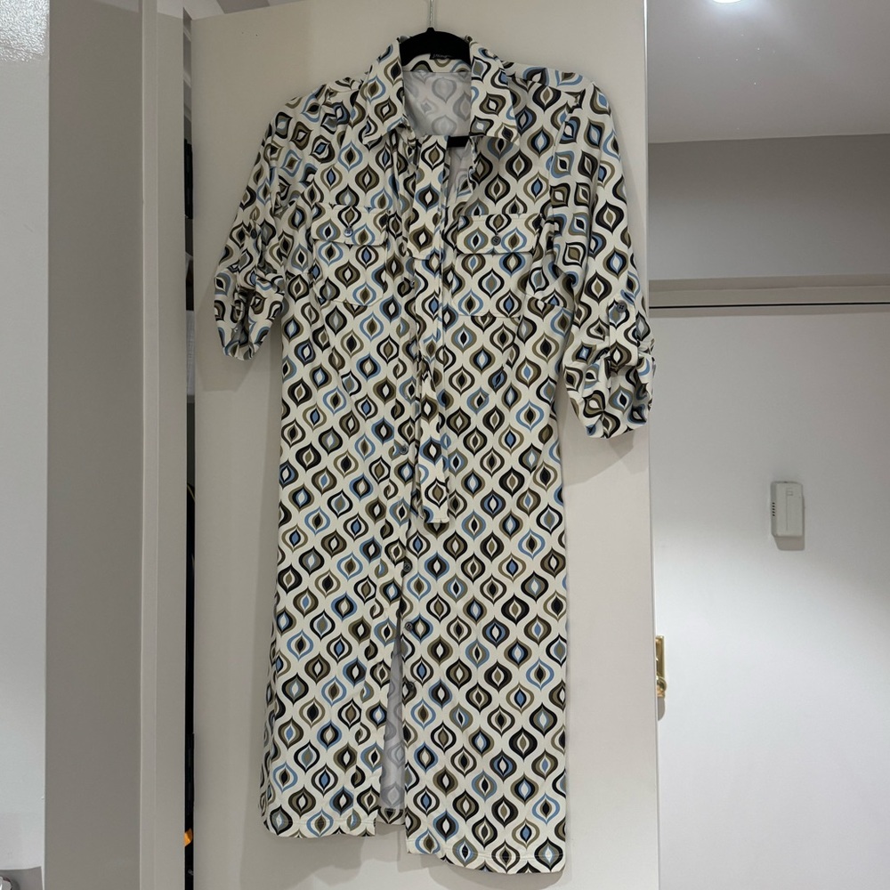 J McLaughlin collar dress, women’s, blue green, geometric pattern, size XS